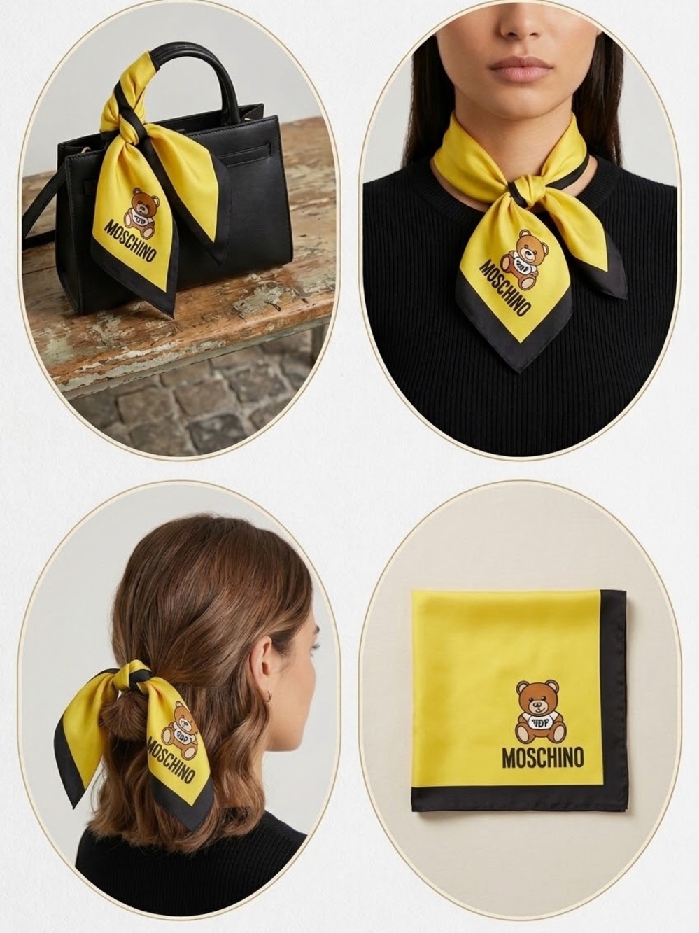 NWT Moschino Yellow and Black Teddy Bear Silk Scarf